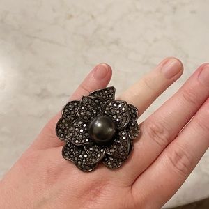 Kenneth Jay Lane Faux Pearl & Crystal Flower Cocktail Ring